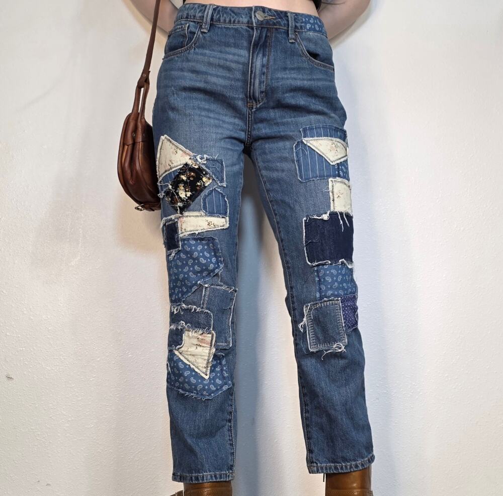 Driftwood Abey Boho Patchwork Jeans Floral Denim Size 27 X 27 Sundance Boyfriend